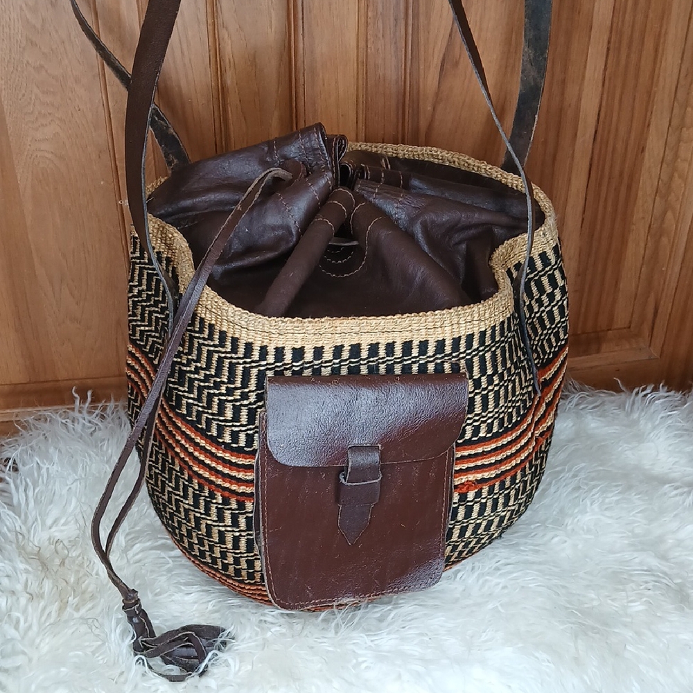 African Straw & Leather Round Tote